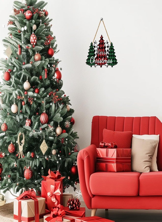 YUNKKIN Christmas Wall Decor Merry Christmas Sign Buffalo Plaid Tree Door Decorations Wooden Front Door Hanger Tree Hanging Sign Wreath for Wall Indoor Home Decor - Image 5